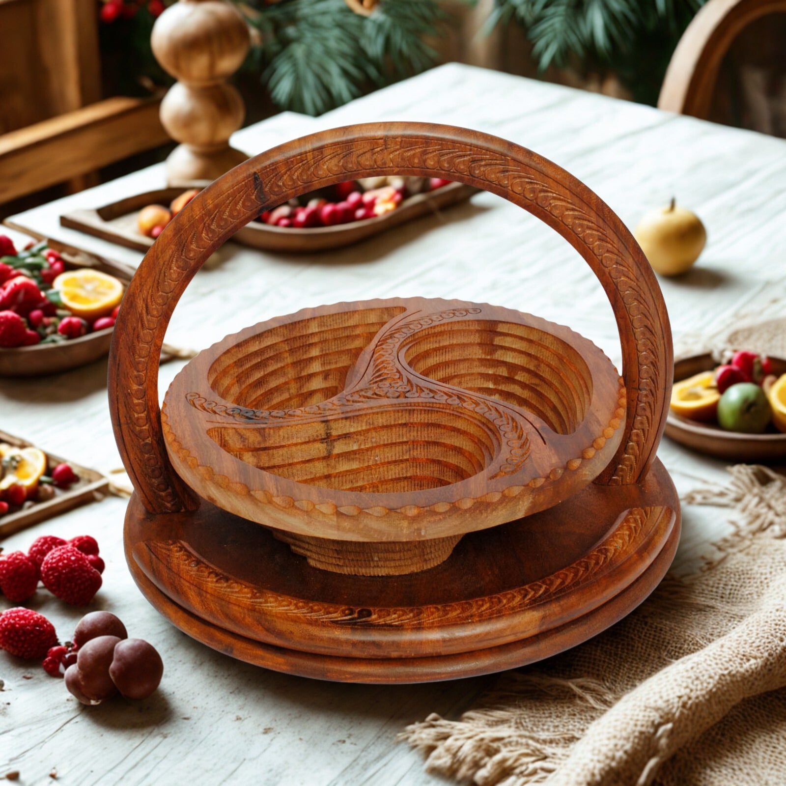 Handcrafted Wooden Foldable Dry Fruit Tray/Basket with Handle – 3 Compartments