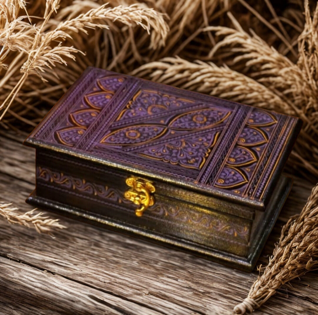 Handcrafted Wooden Jewelry Box Adorned with Intricate Lacquer Art