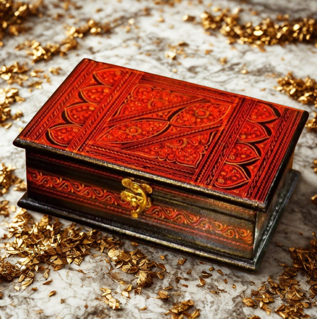 Handcrafted Wooden Jewelry Box Adorned with Intricate Lacquer Art