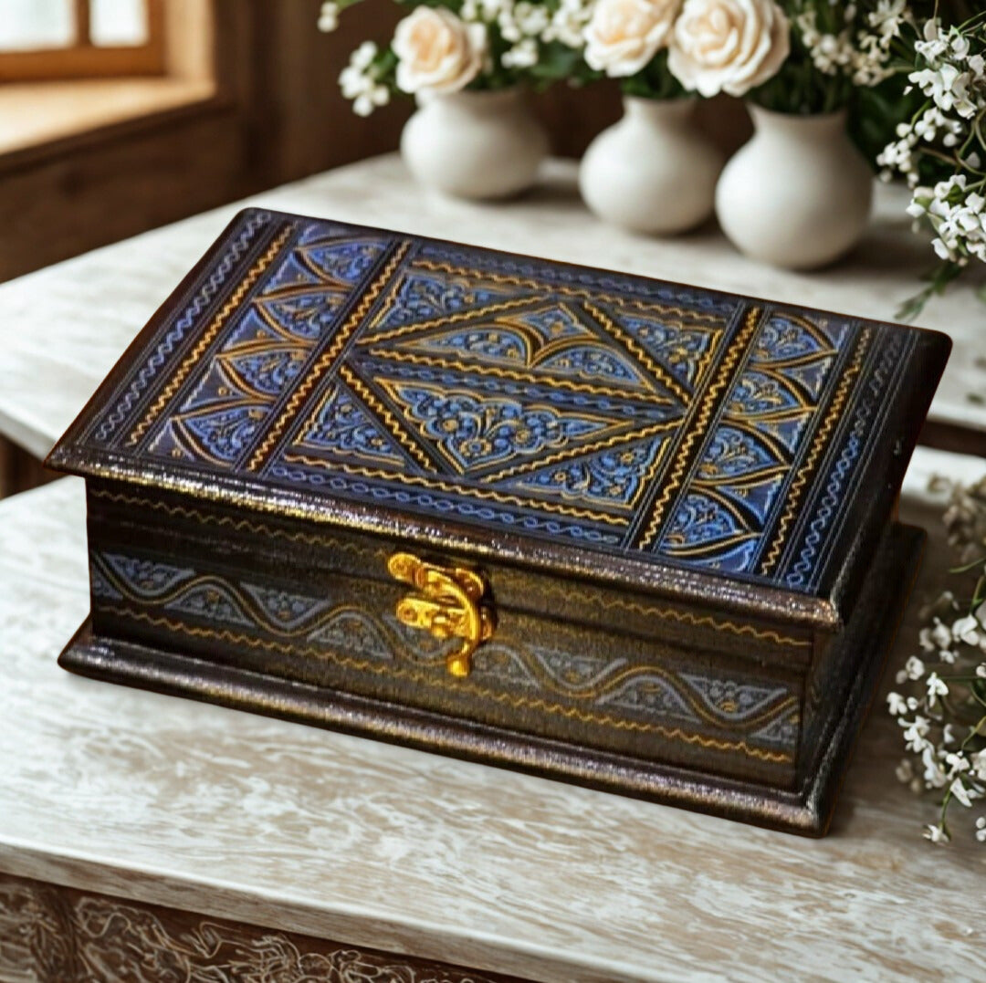 Handcrafted Wooden Jewelry Box Adorned with Intricate Lacquer Art