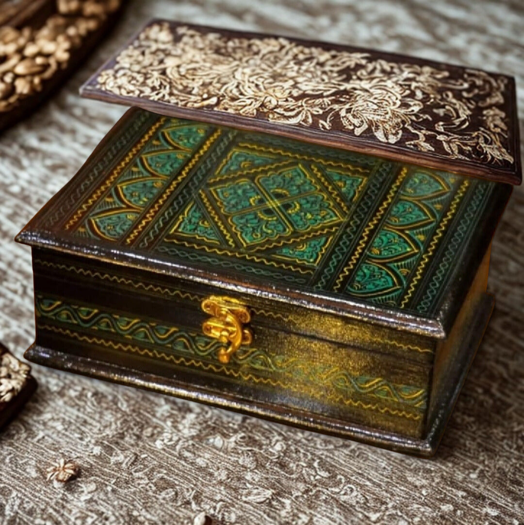 Handcrafted Wooden Jewelry Box Adorned with Intricate Lacquer Art