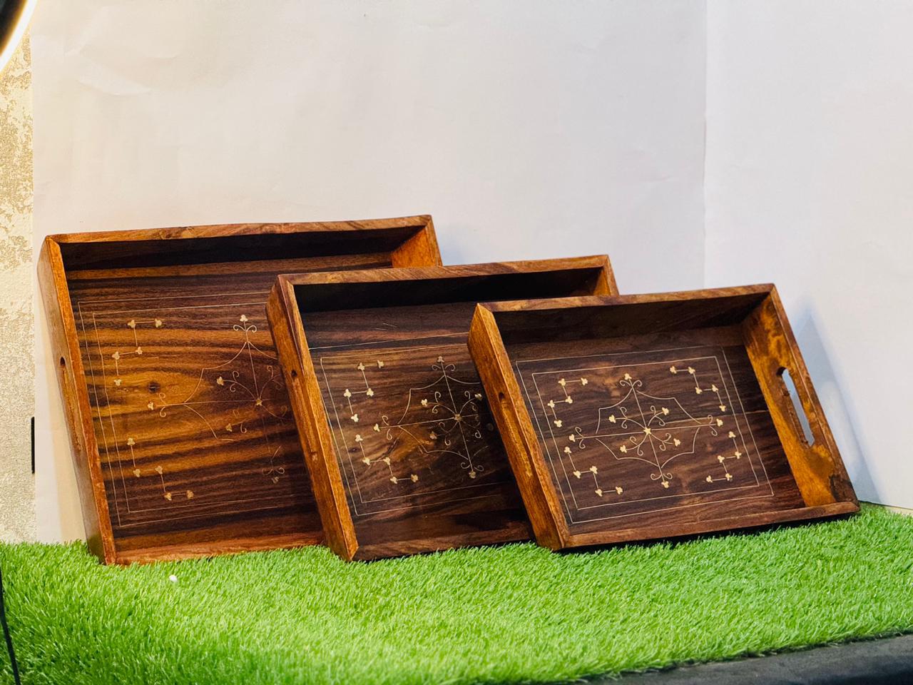 Set of Three (3) Multipurpose Wooden Handmade Trays with Brass Work