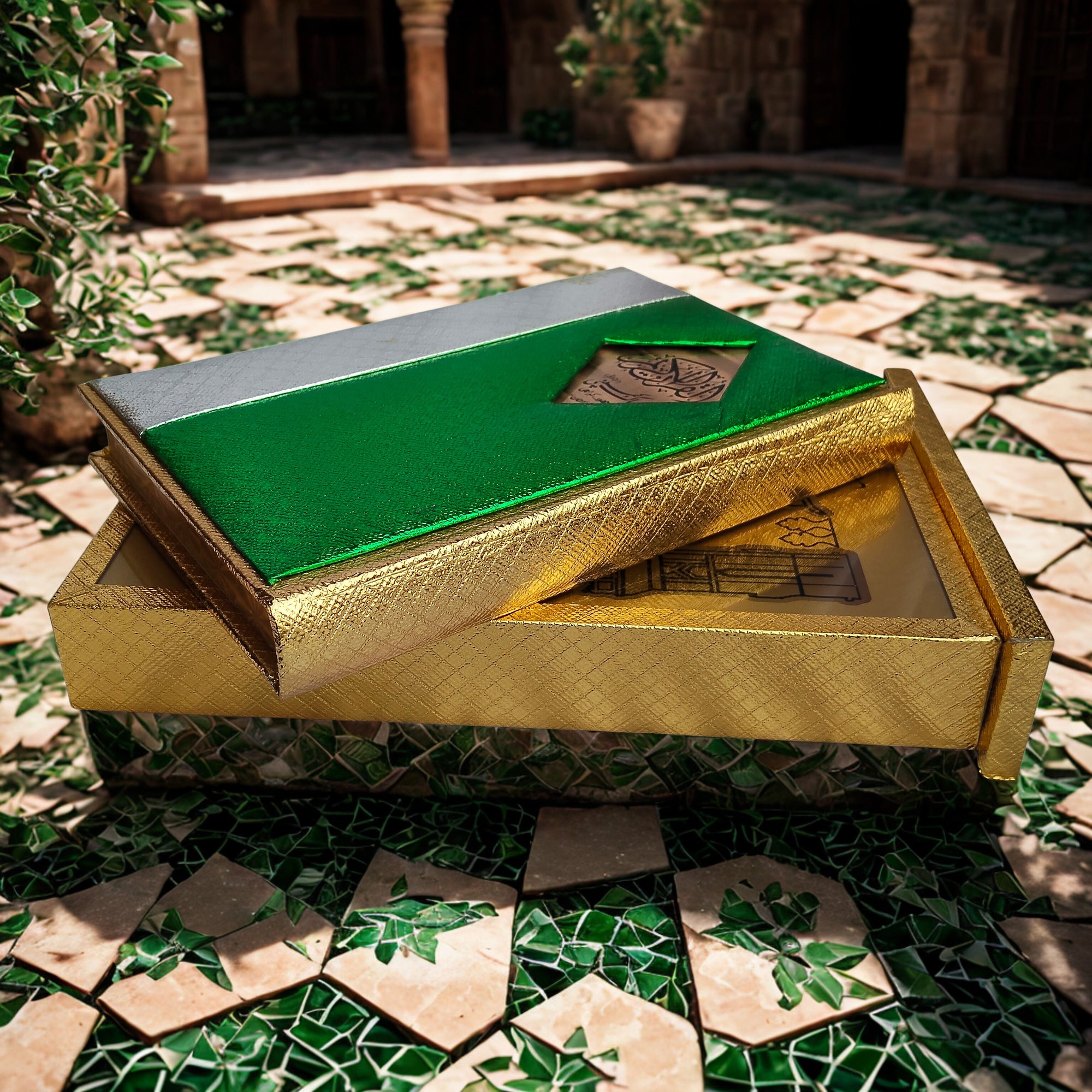 Madina-Inspired Holy Qur’an with Matching Box - Each Manziel has different colour pages – Gold Design