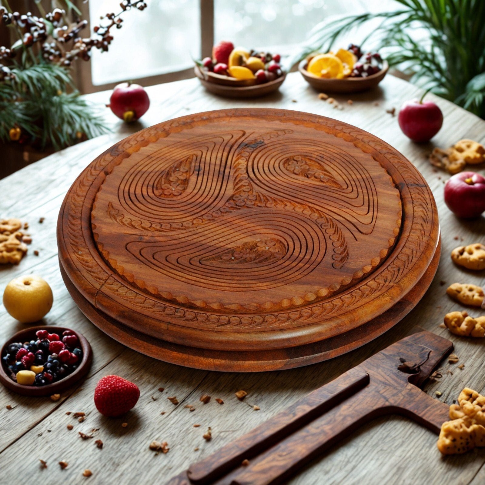 Handcrafted Wooden Foldable Dry Fruit Tray/Basket with Handle – 3 Compartments