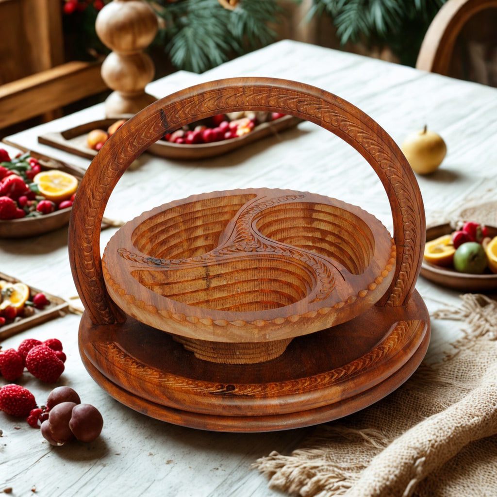 Handcrafted Wooden Foldable Dry Fruit Tray/Basket with Handle – 3 Compartments
